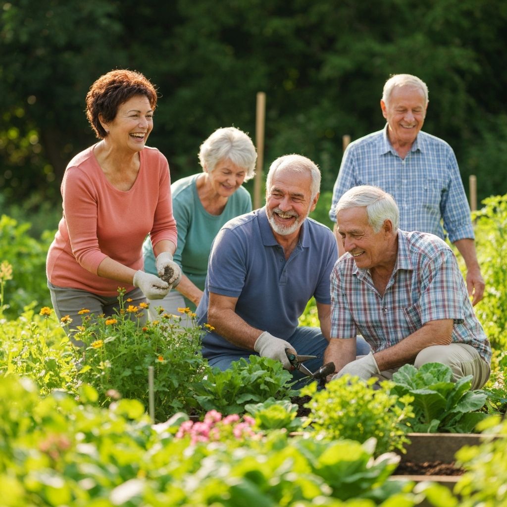 Older adults gardening outdoors together